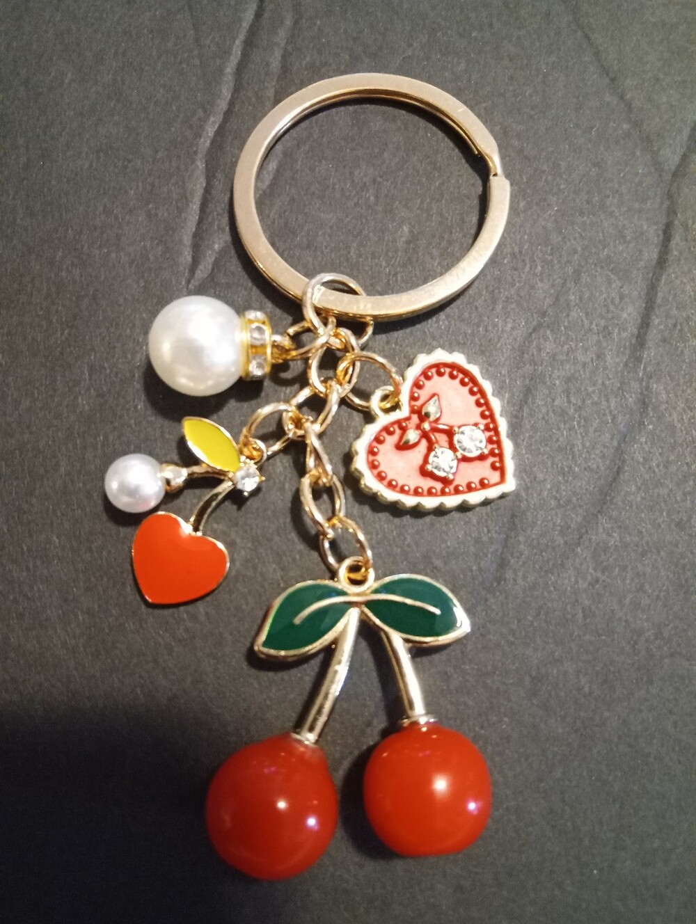 Gold-Tone Cherry & Heart Charm Keychain with Red Enamel Accents